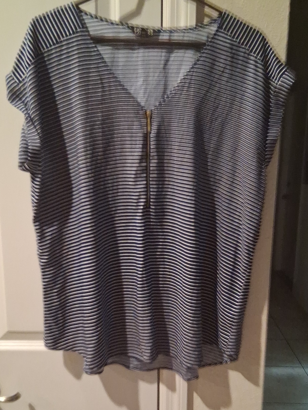 Express Navy and White Striped V-Neck Zip Front Blouse
